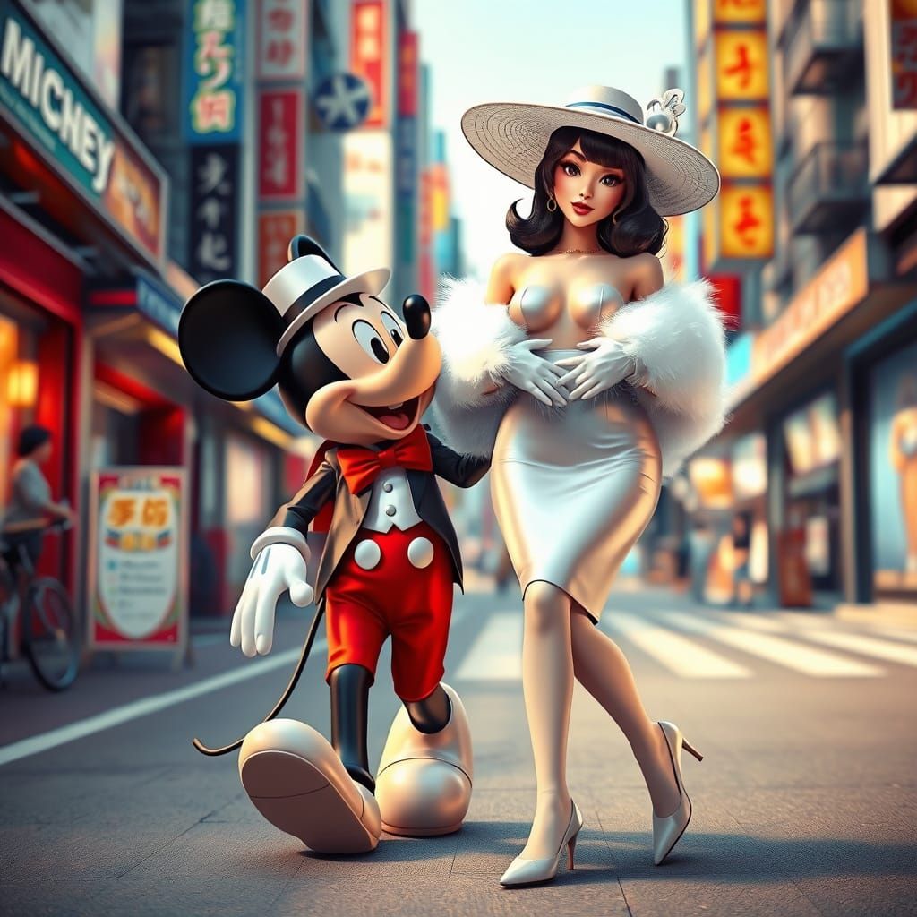 Mickey Mouse and Woman Stroll Tokyo in Digital Art