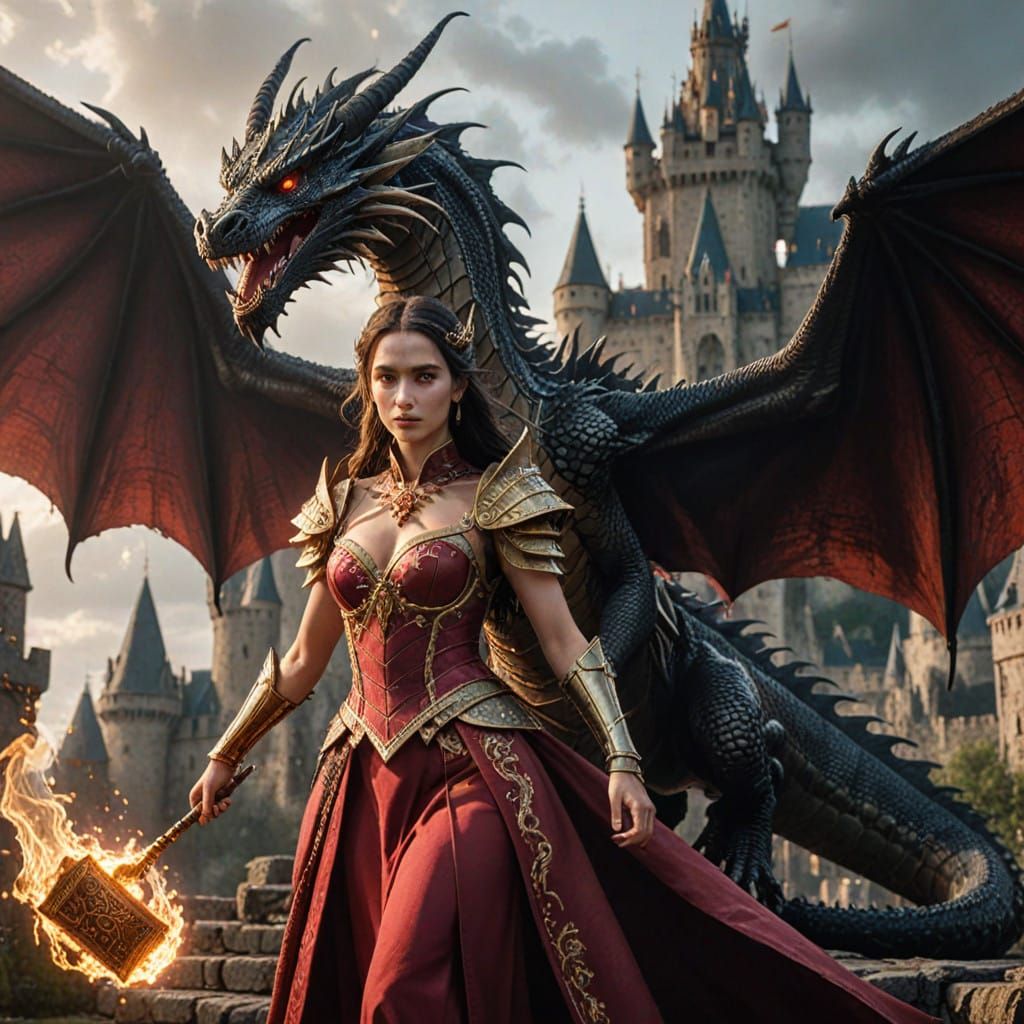 Majestic Dragon Defends Medieval Princess in Epic Showdown