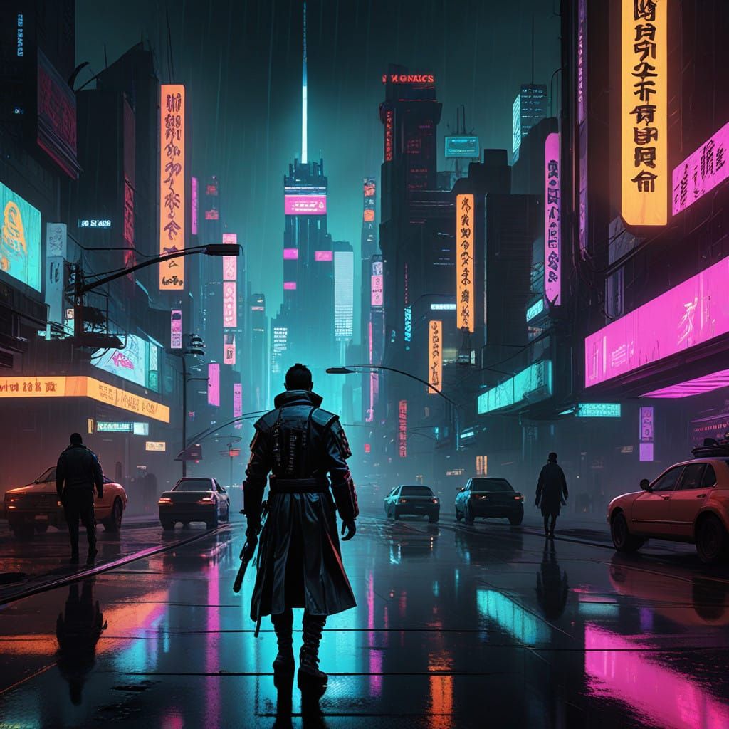 Cyberpunk Samurai in Futuristic Metropolis