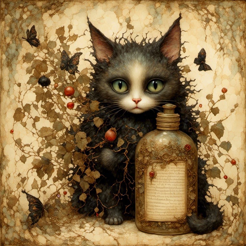 Vampire Cat Fairy with Poison Bottle, Vignette Art