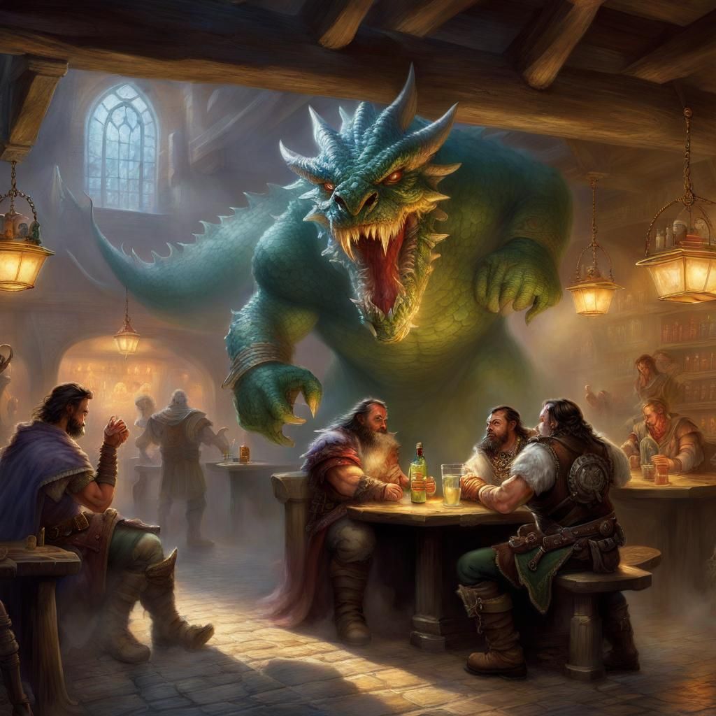 Dragonborn Mage and Companions at Fantasy Pub