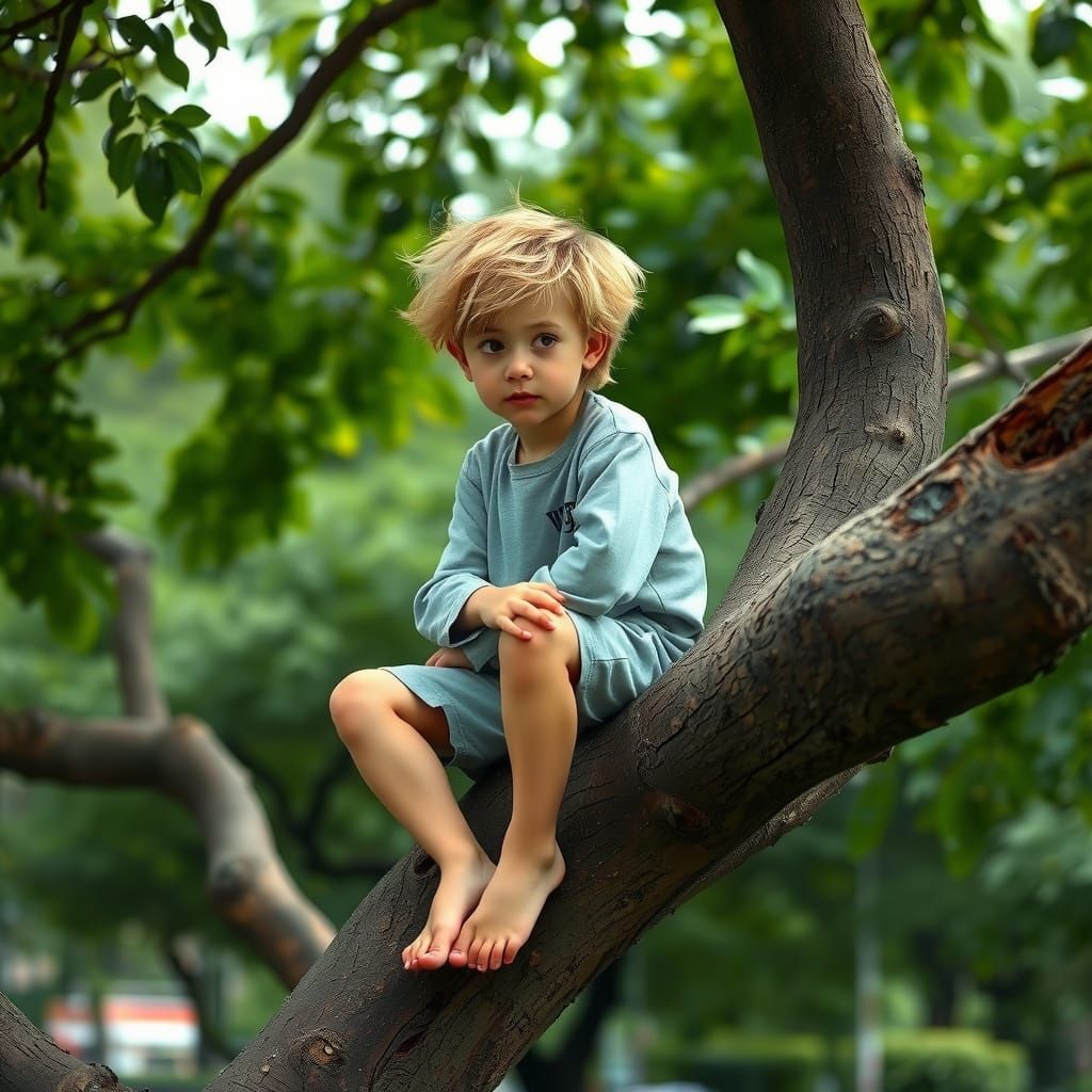 Contemplative Boy in Tree, Naturalistic Photography Style