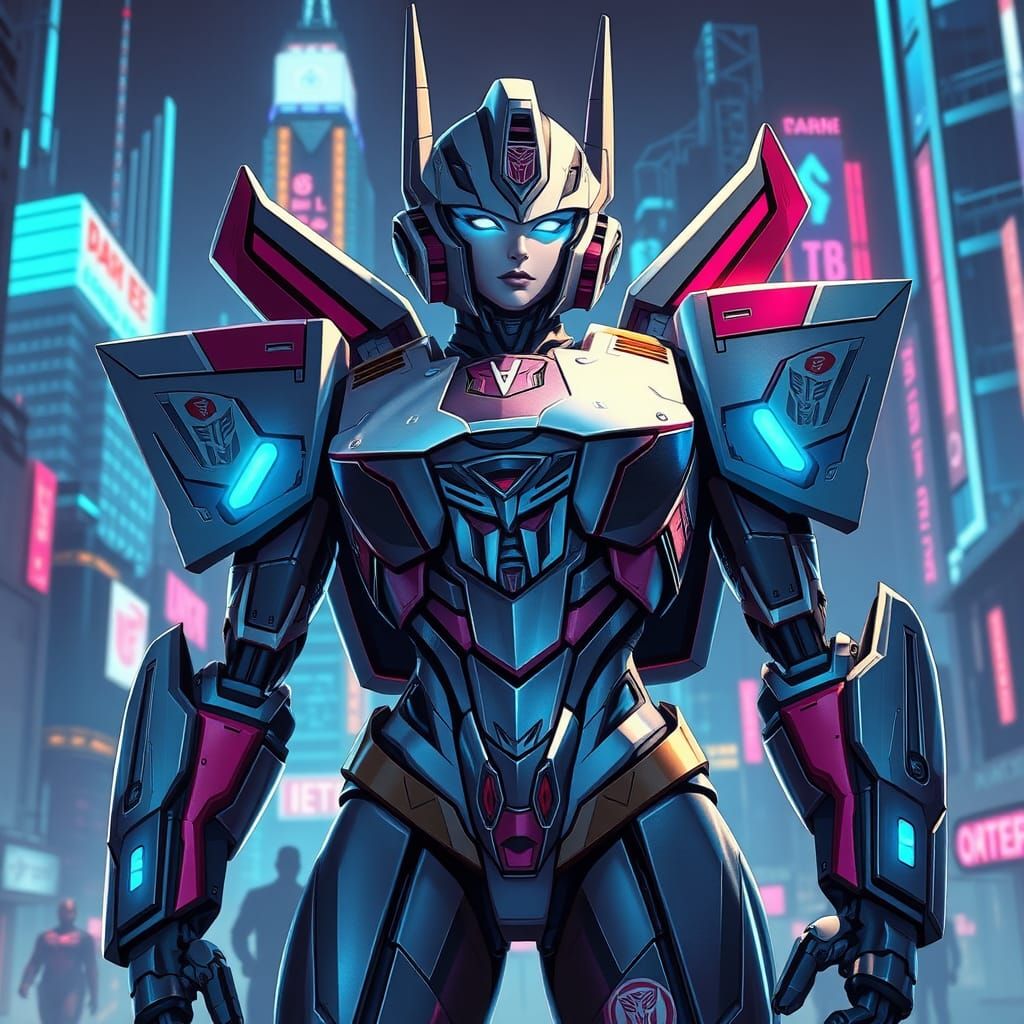 Cyberpunk Autobot Warrior Arcee in Neon Cityscape