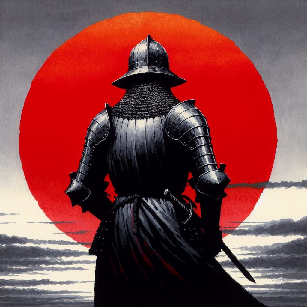 Knight Silhouetted Against Sunset in Sumi-e Style