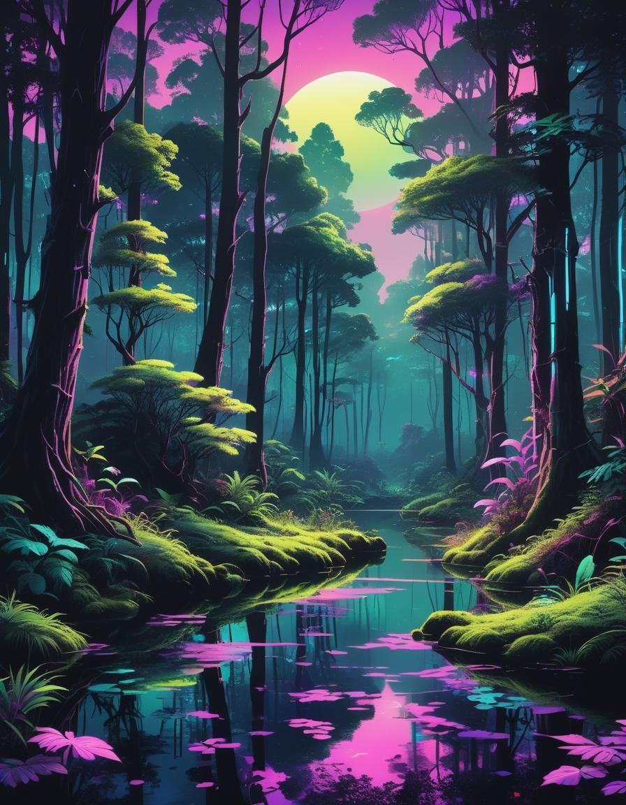 Synthwave Neon Glade: Enchanted Forest Clearing
