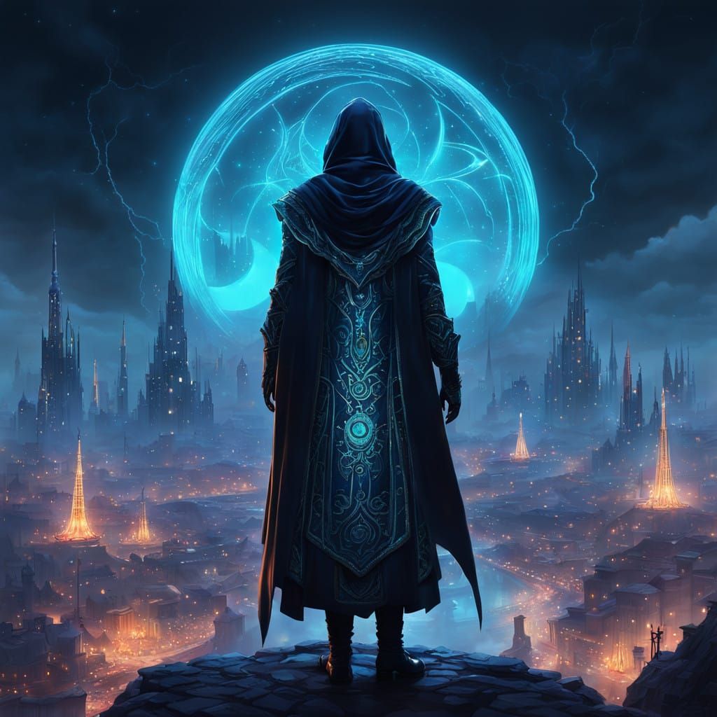 Ethereal Heroine Stands at the Threshold of a Mystical City