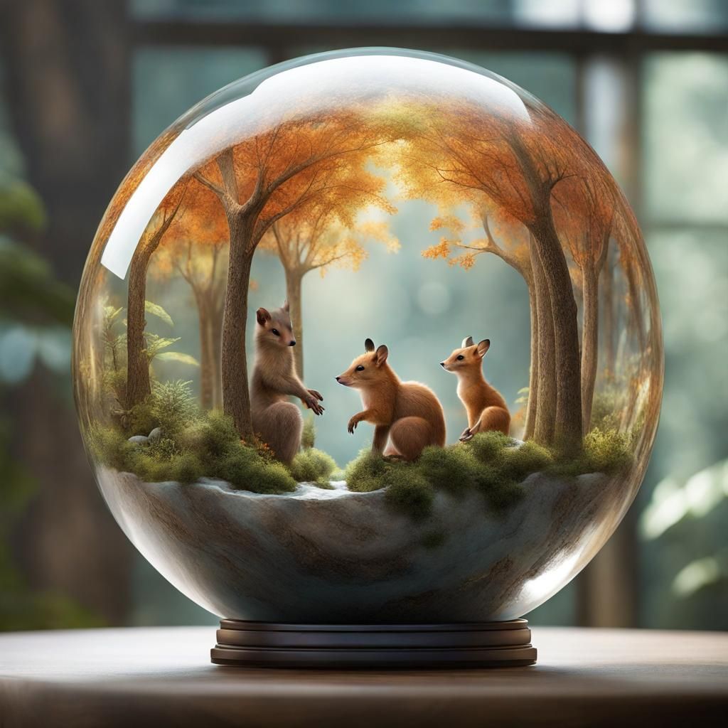 an imaginative AI artwork featuring a pristine glass sphere as its focal point. Inside the sphere, bring to life the enc...