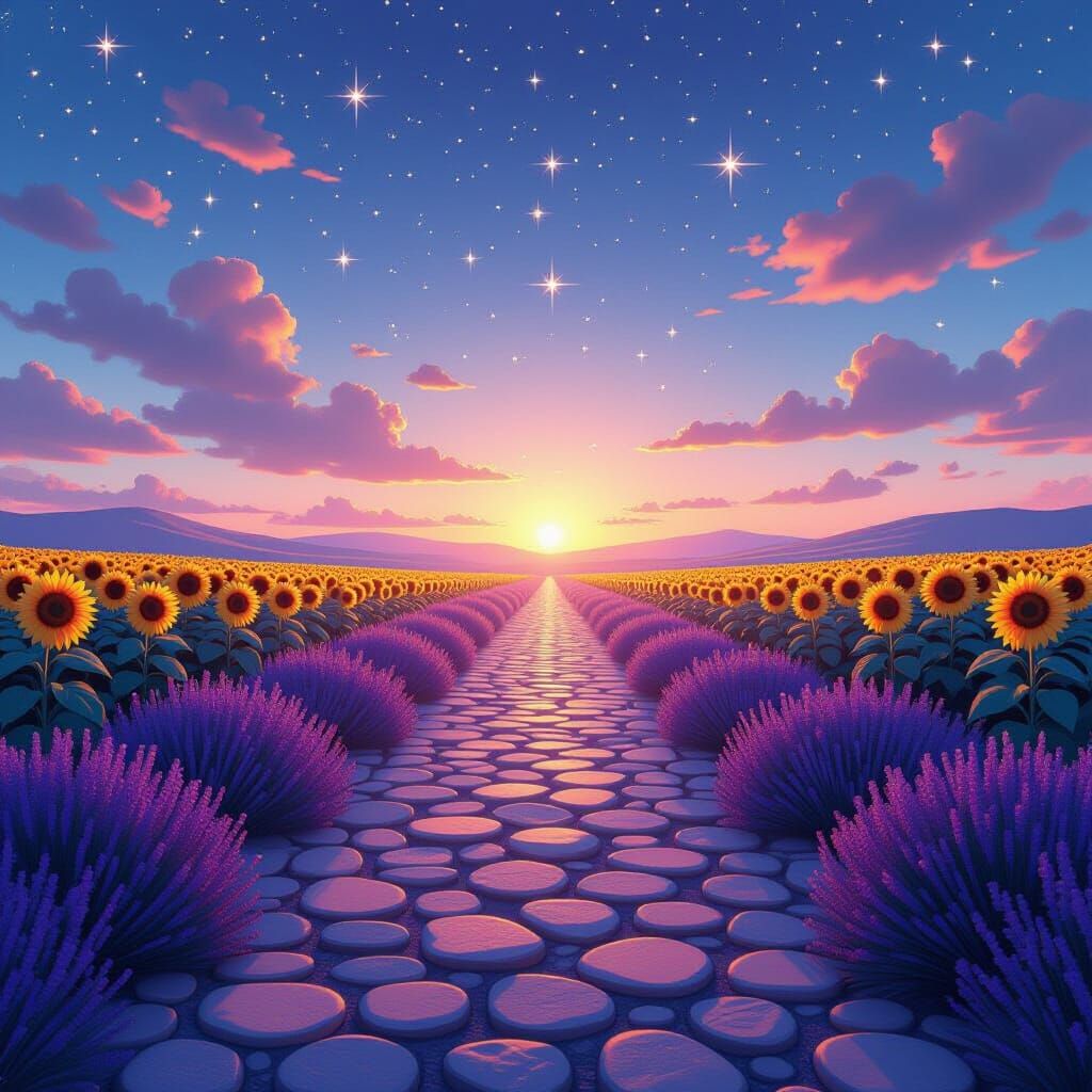 Moonlit Path with Lavender and Sunflowers Under Sunset Sky