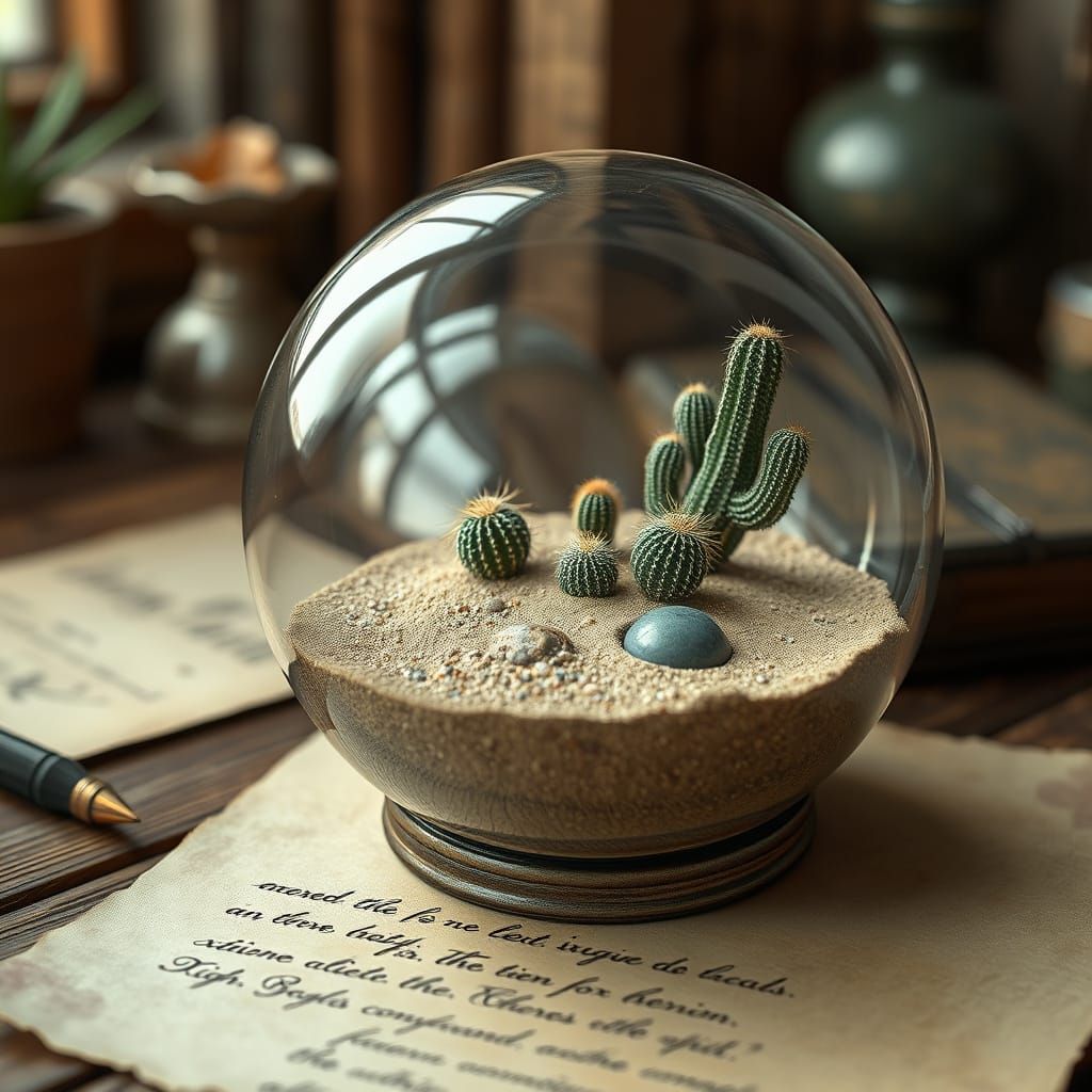 Surreal Glass Orb Amidst Desert Landscape on Wooden Desk