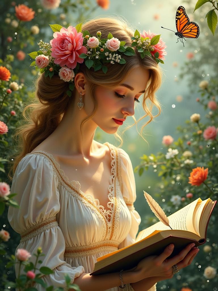 Dreamy Woman Surrounded by Poetry and Flowers