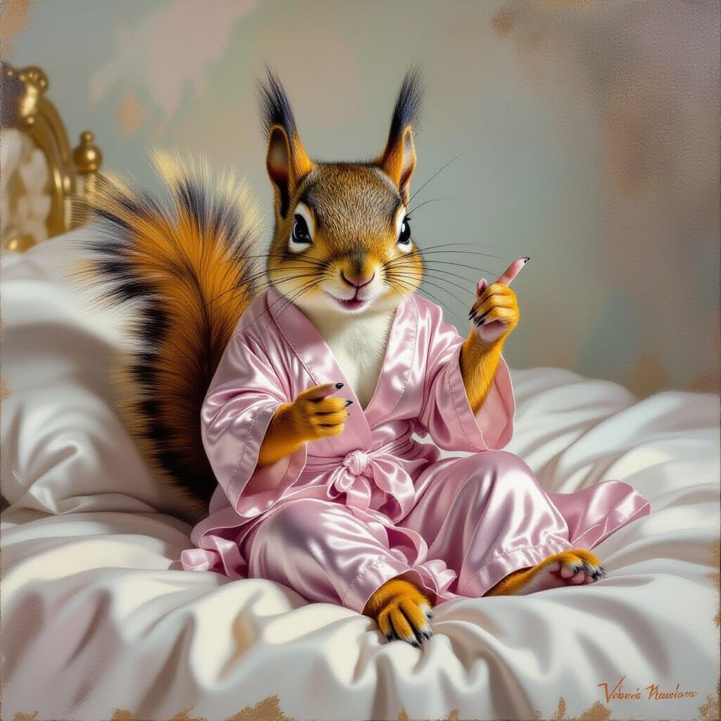 Mischievous Squirrel in Silk Gown, Impasto Oil Painting