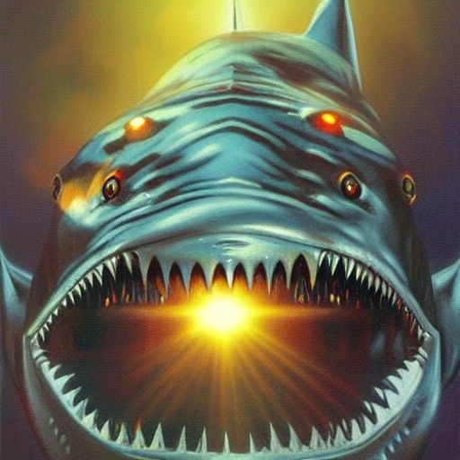 Cyborg Shark with Laser Beam, Oil Painting