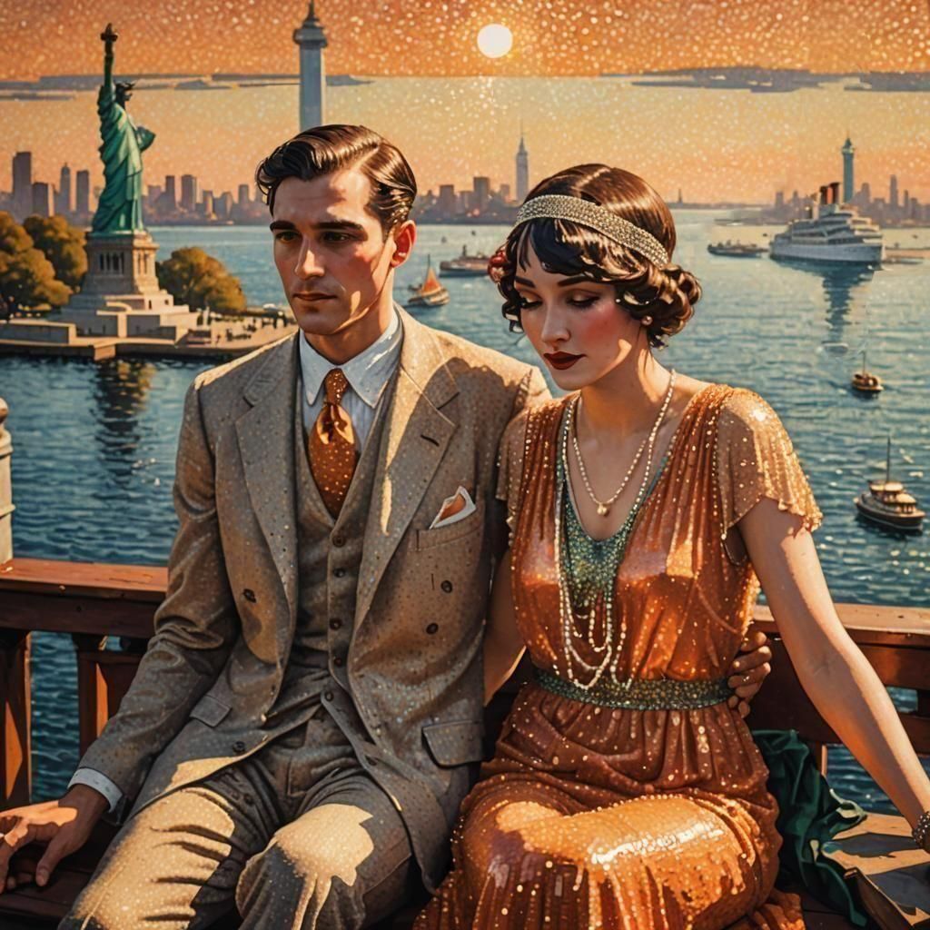 1920s Ocean Liner at Sunset: A Pointillist Vision