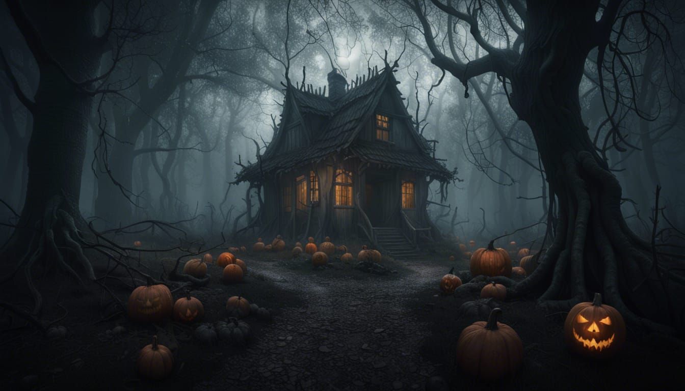 Ominous Abandoned House in Foggy Forest