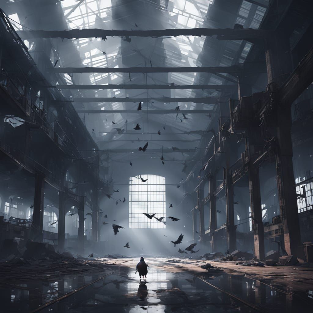 Pigeon in Abandoned Factory: Atmospheric Concept Art
