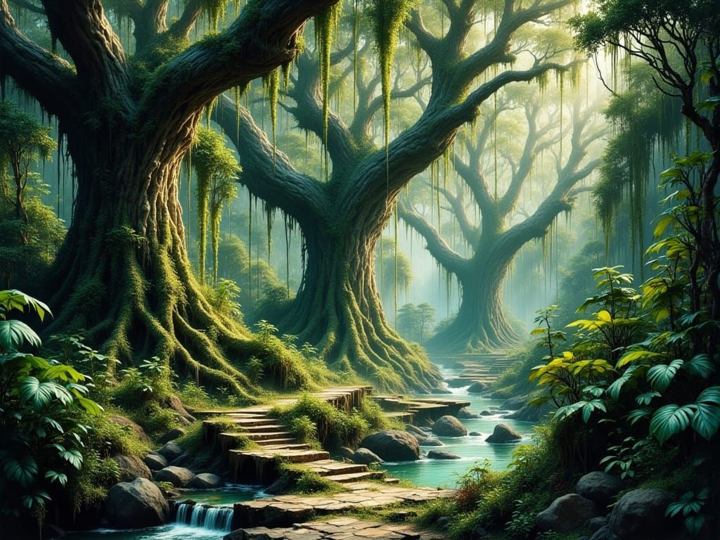 Jungle with Banyan Trees in Digital Art Style