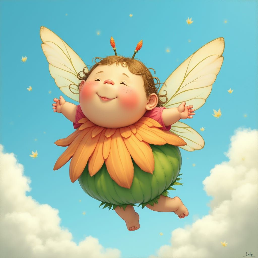 Whimsical Fairy Soars in Vibrant Blue Skies