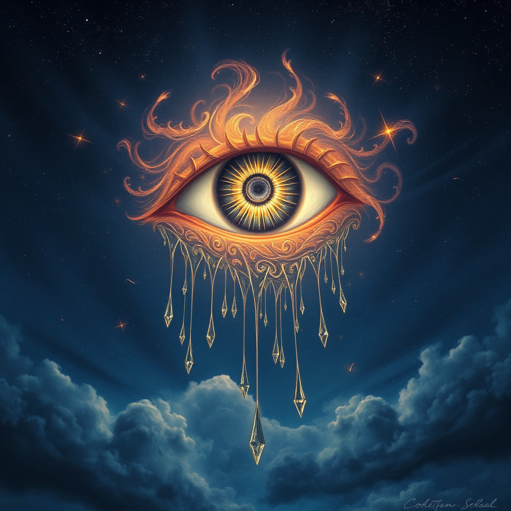 Ethereal Eye Weeping Diamond Tears in Dark Blue Sky