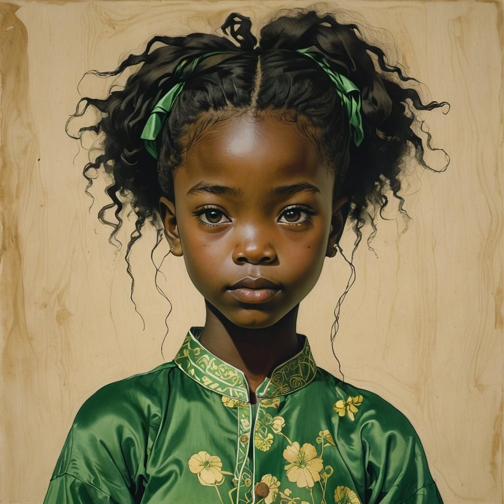 Happy Nigerian Girl in Silk Blouse, Illustrative Portrait