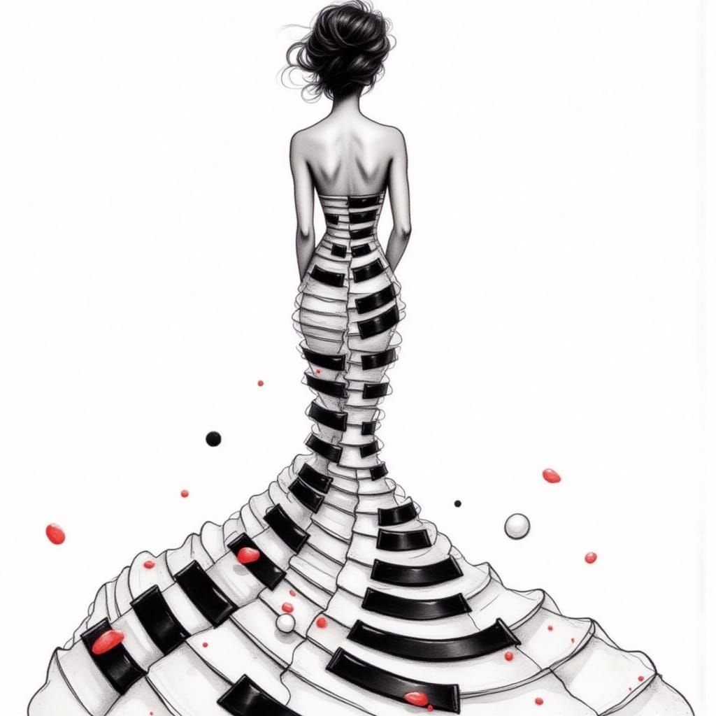 Woman in Keyboard Gown: Minimalist Watercolor Illustration
