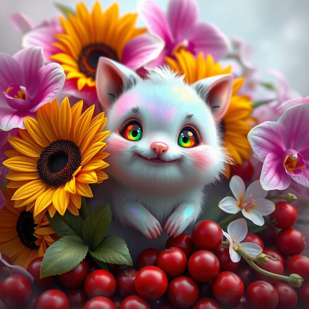 Vibrant, Dreamlike Creature Surrounded by Blooming Flowers i...