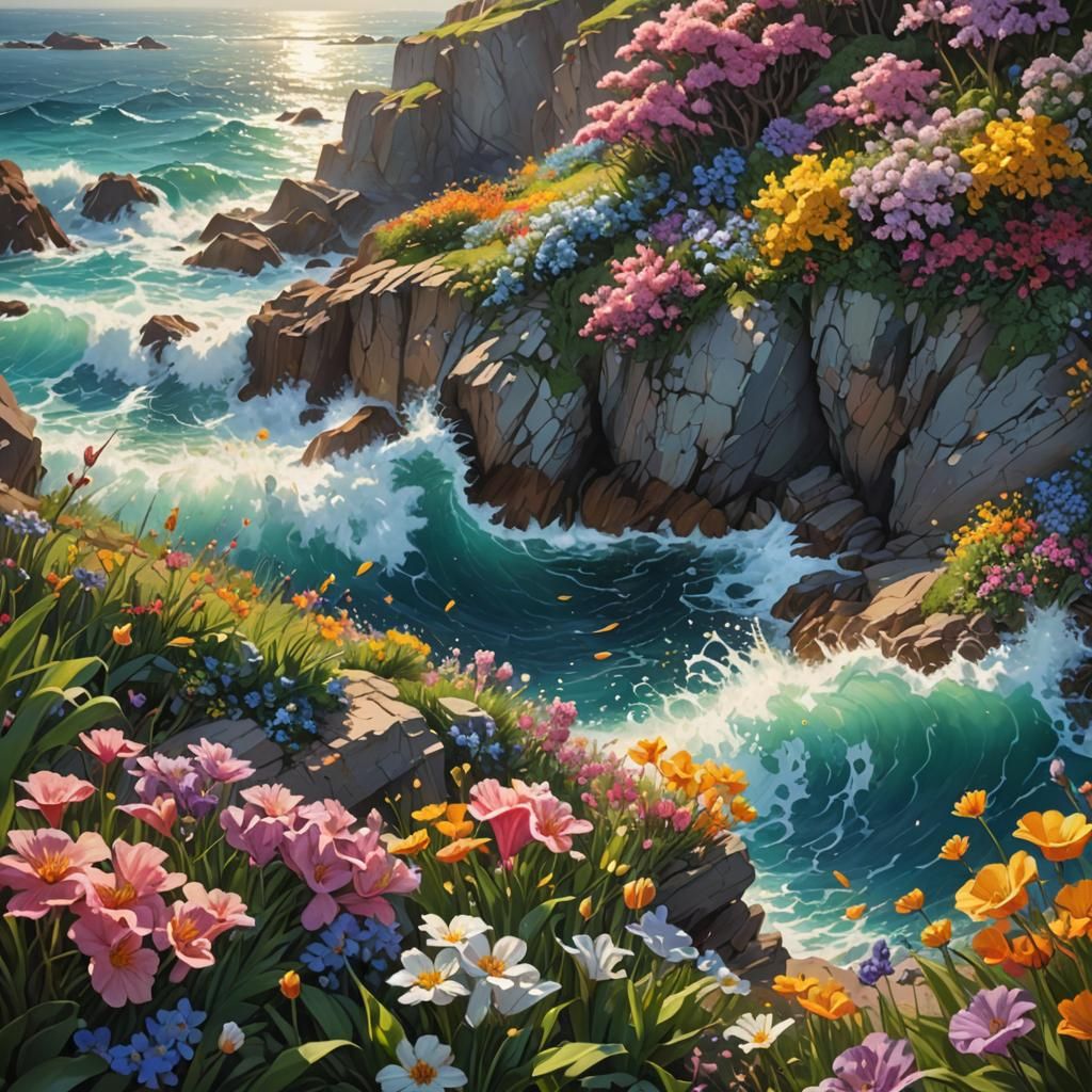 Hyperrealistic Spring Flowers Landscape by the Ocean