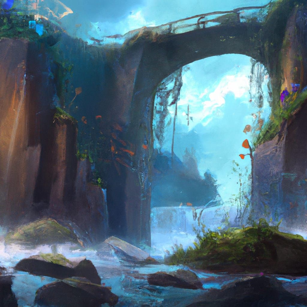 Waterfall Over Dystopian Bridge in Surreal Style