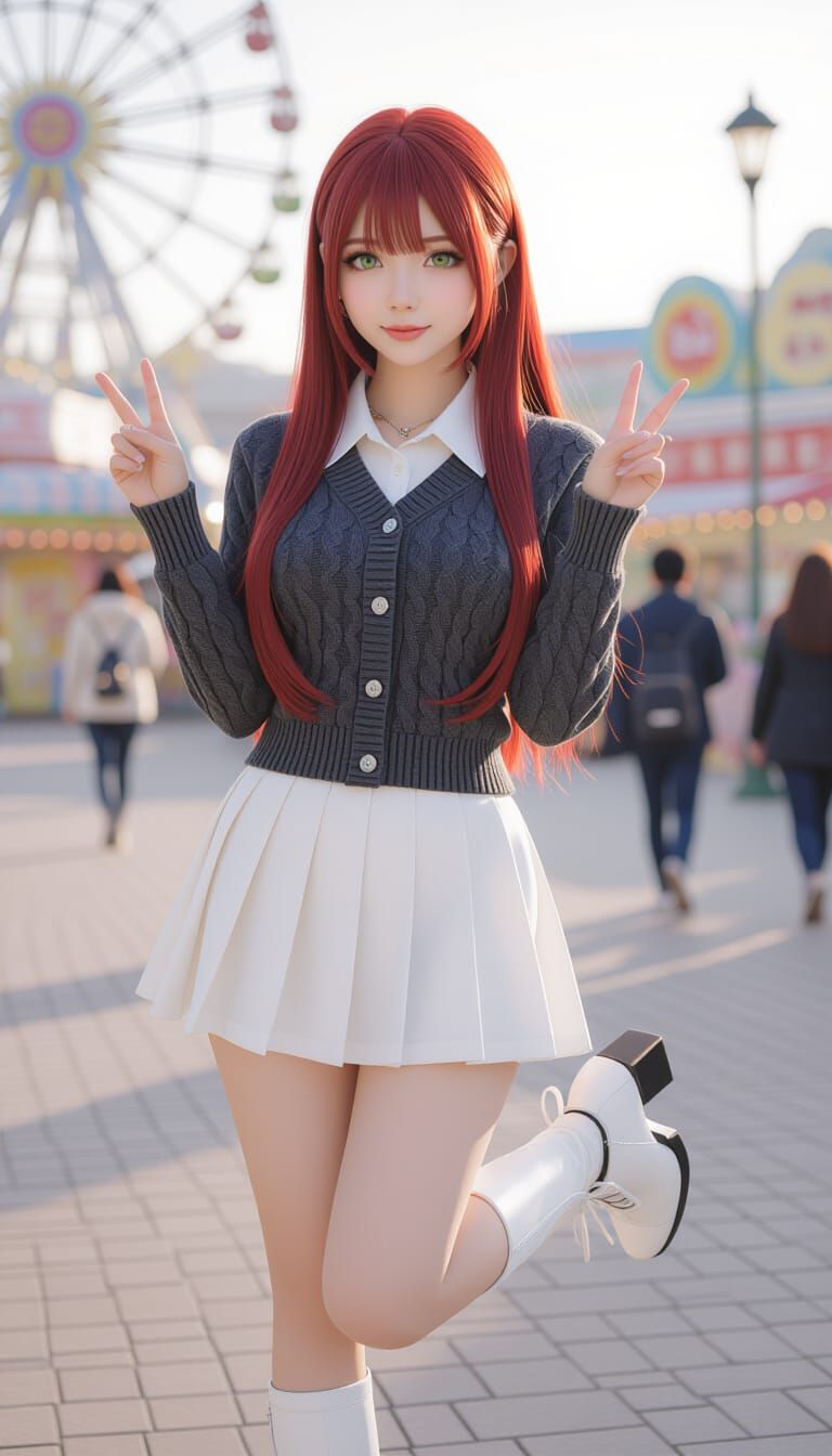 Japanese Woman Posing at Amusement Park in Anime Style