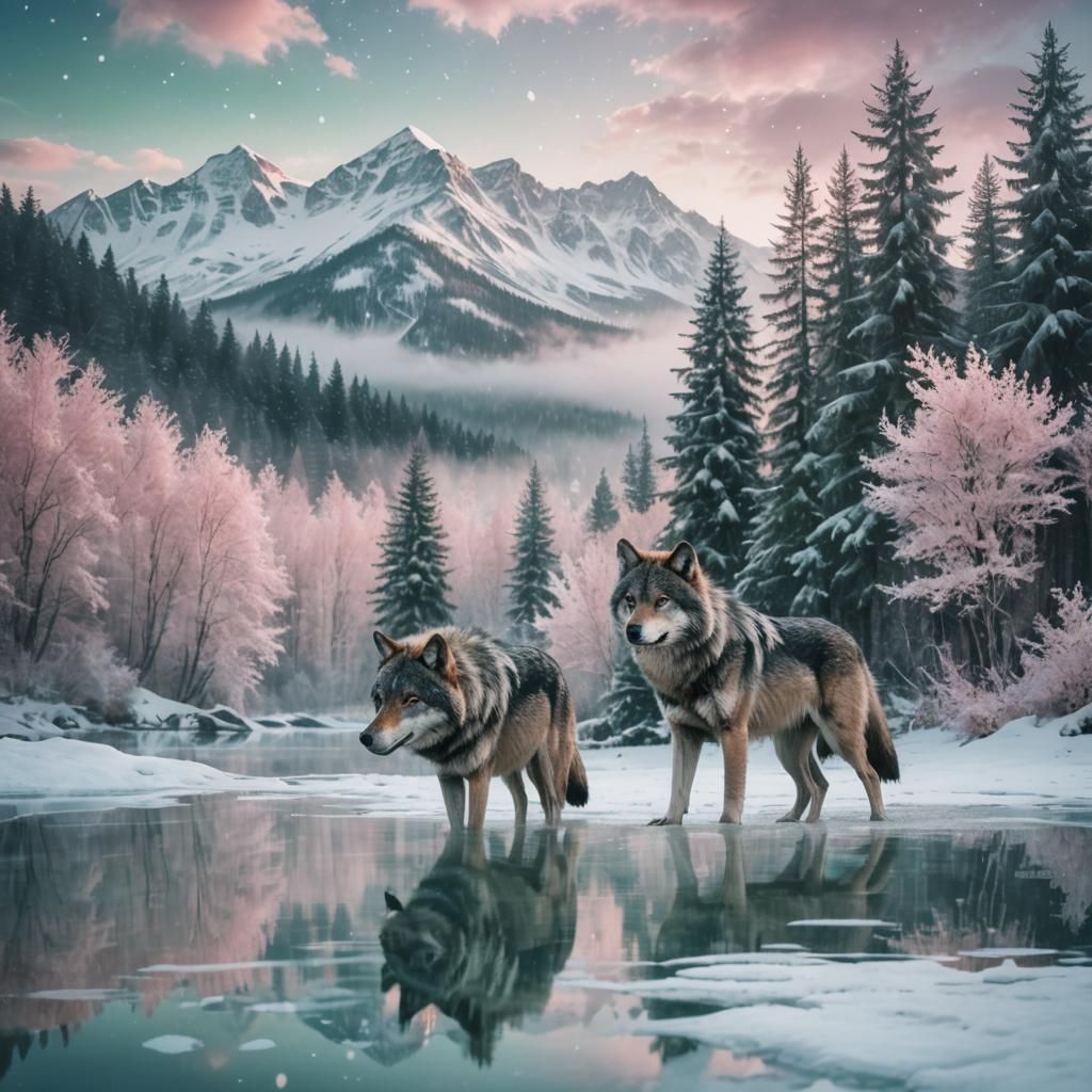 Dreamlike Wolves in Majestic Snowy Mountains
