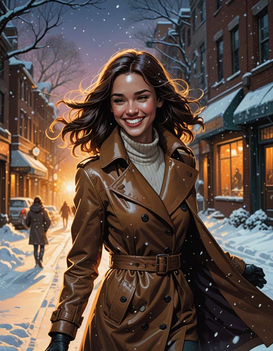 Woman in Snowy Street, Inspired by Comic Book Art