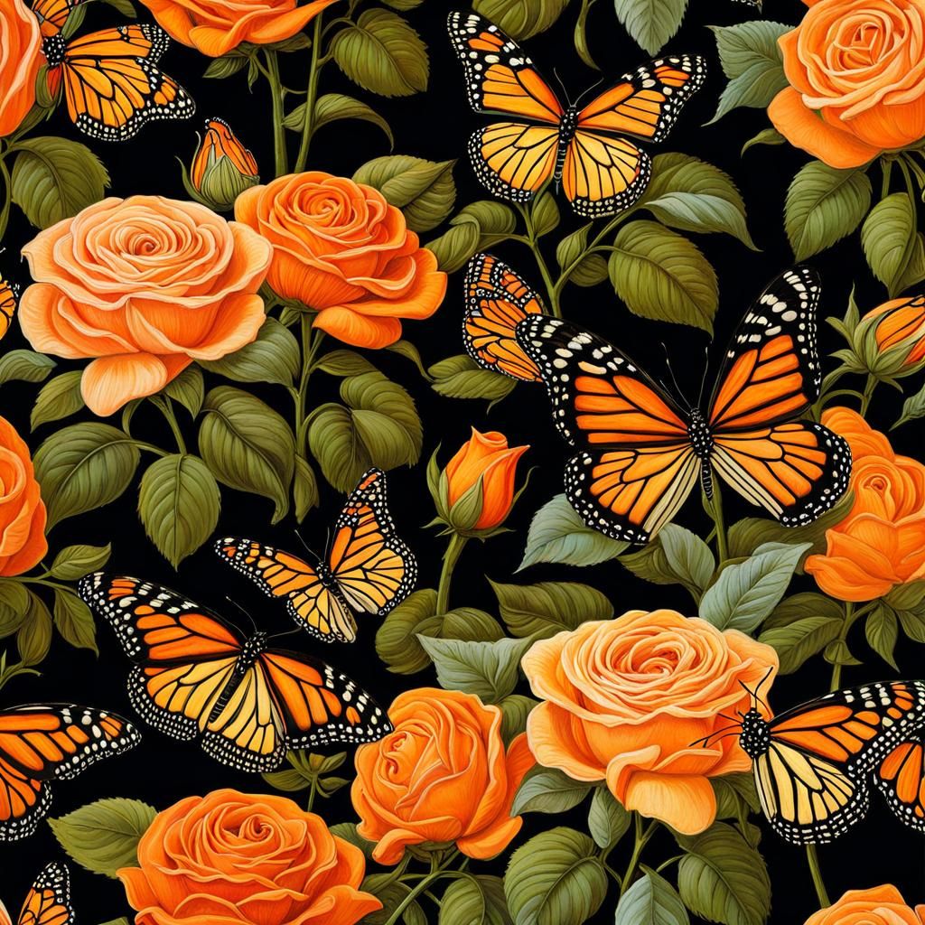 Roses, Butterflies, and Cat in Waterhouse Style