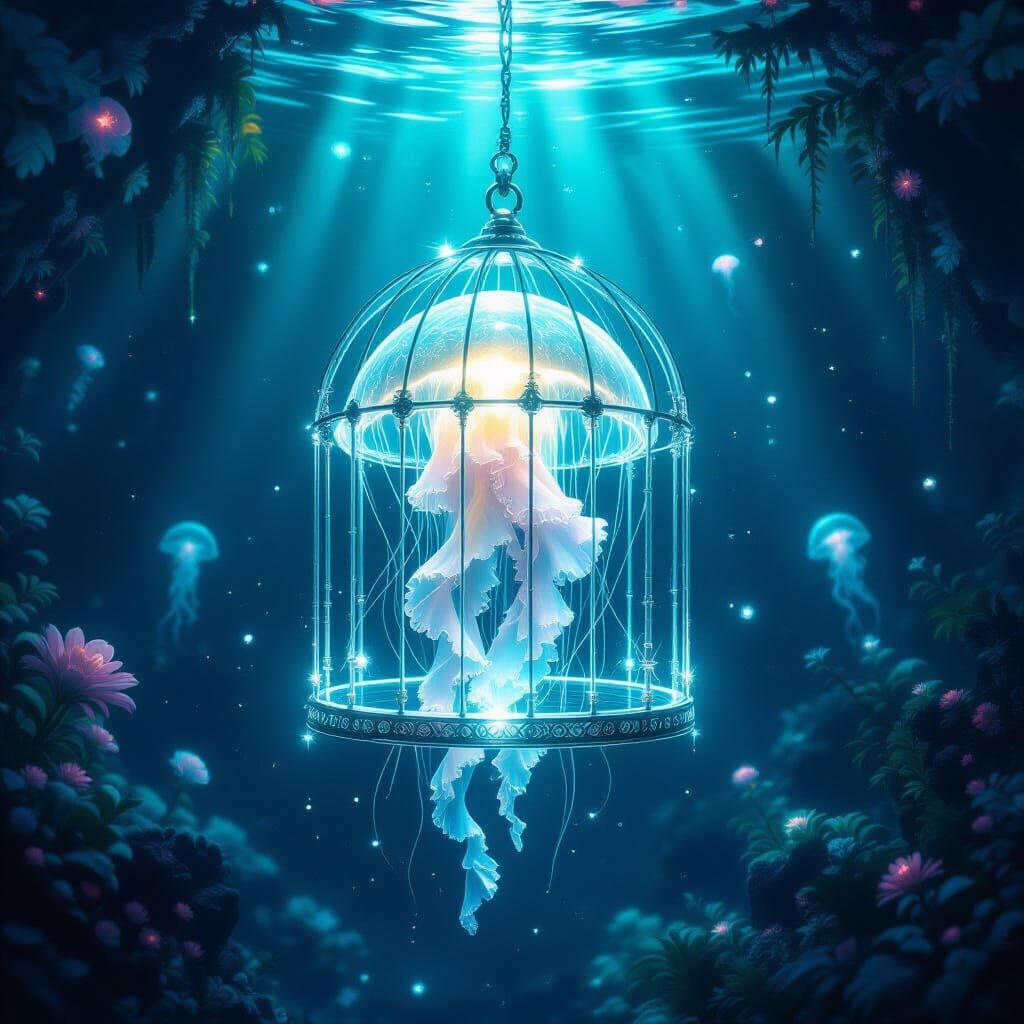 Ethereal Jellyfish in Glowing Birdcage in Alien Ocean Depths