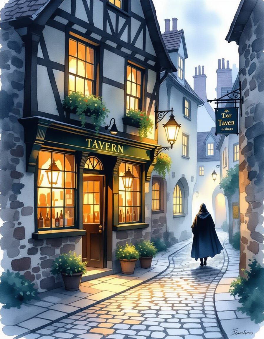 Cozy Tavern Entrance Watercolor Painting with Mysterious Fig...