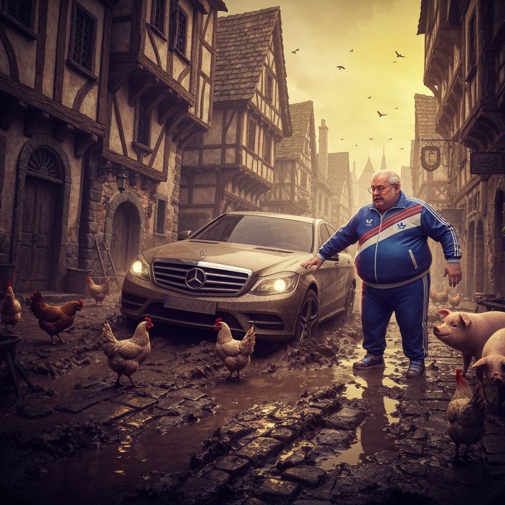 Luxury Car Stuck in Medieval Mud with Exasperated Man