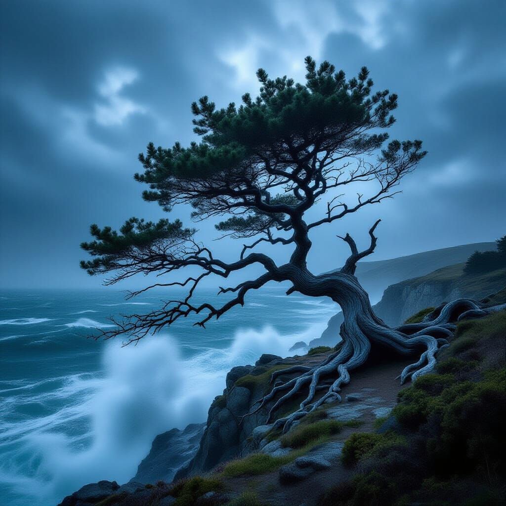 Ancient Tree on Windswept Cliff Overlooking Turbulent Sea