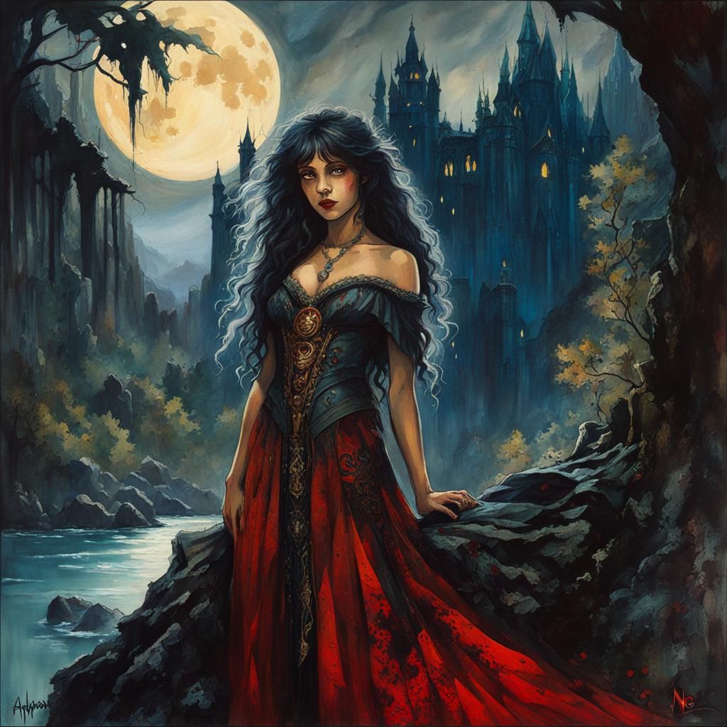 Gothic Kida in Dark Forest, Oil on Canvas