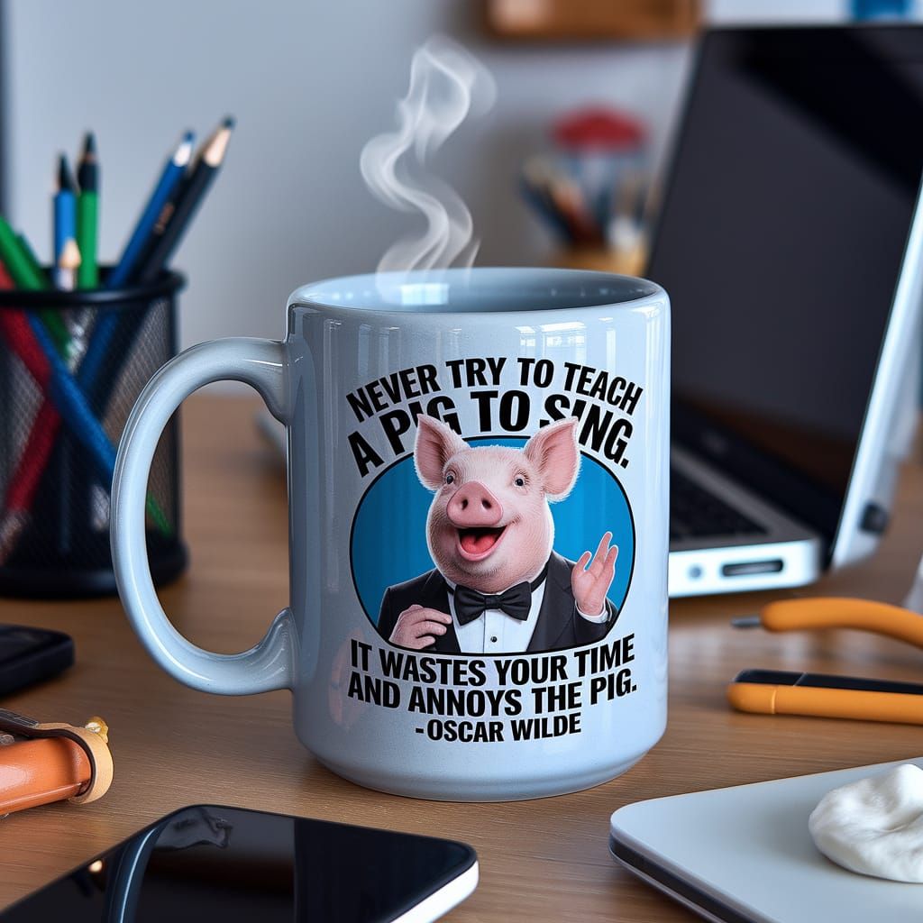 Whimsical Pig on a Ceramic Coffee Mug in a Bokeh Office Back...