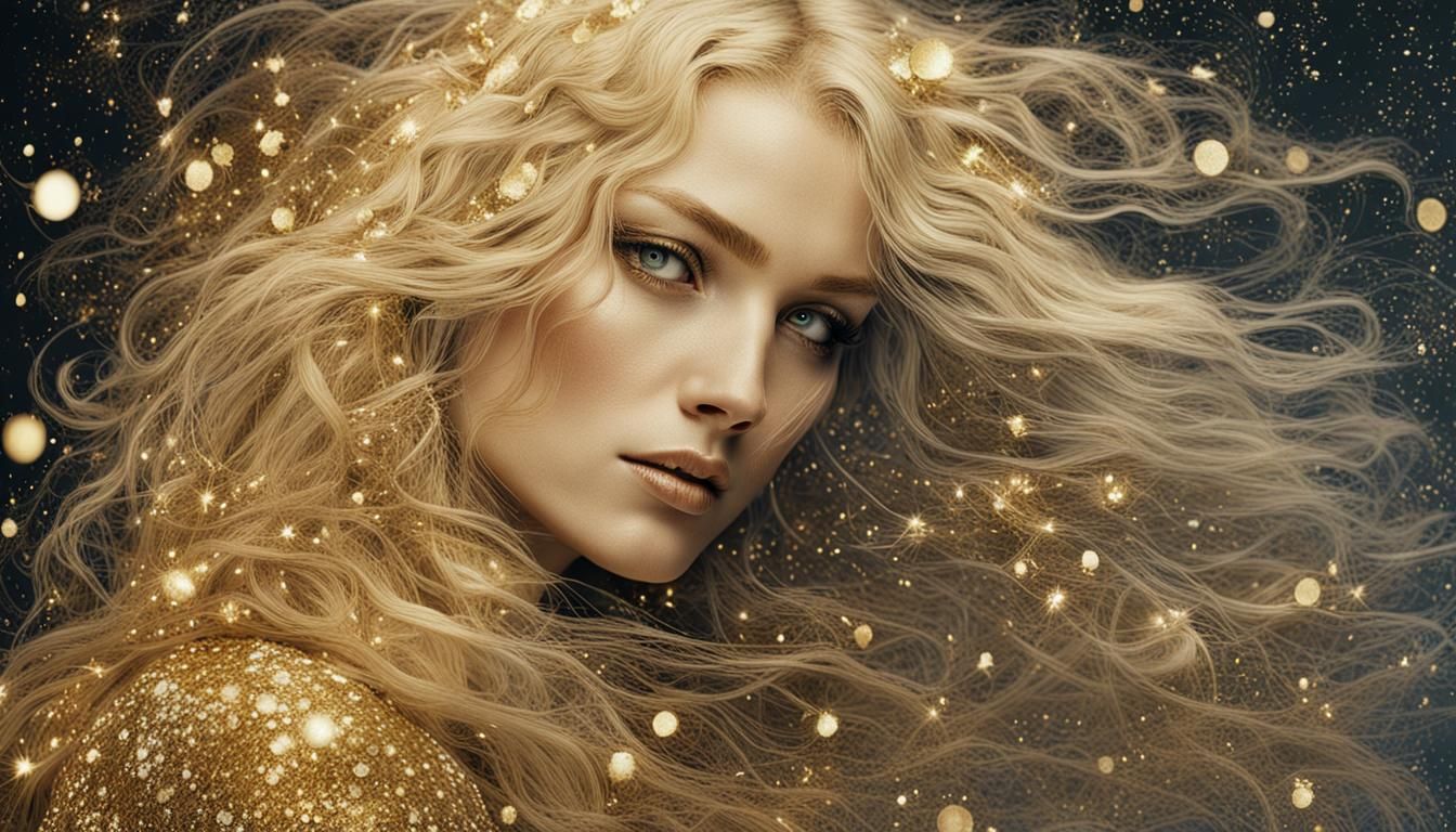 Golden-Eyed Woman with Long Hair and Glittering Accents
