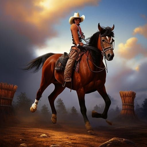 realistic Rodeo Cowboy riding a bucking bronco horse in a ro...