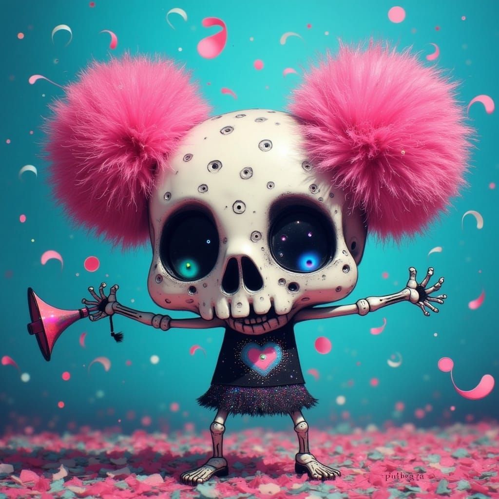 Whimsical Skeleton Cheerleader in a Vibrant, Sparkly Outfit
