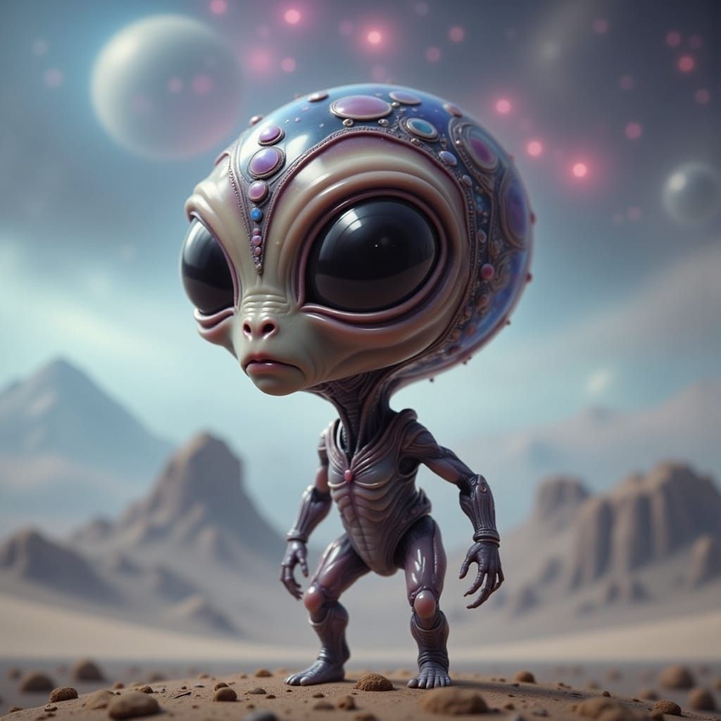 Cute Alien Adorned in Exotic Jewelry on Dusty Planet