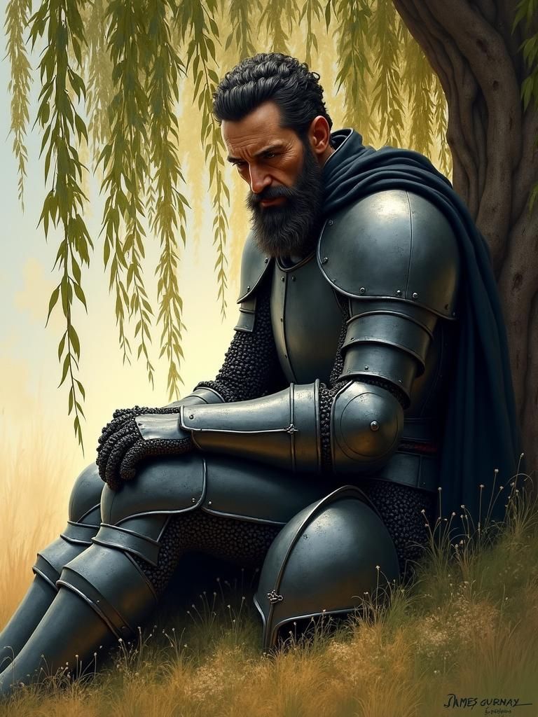 Melancholic Knight Mourns Loss Under Willow Tree