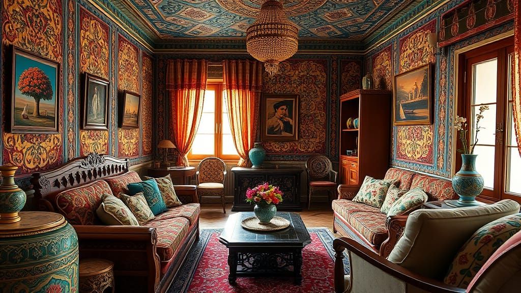 Warm Uzbek Apartment Interior with Suzani Fabrics and Cerami...