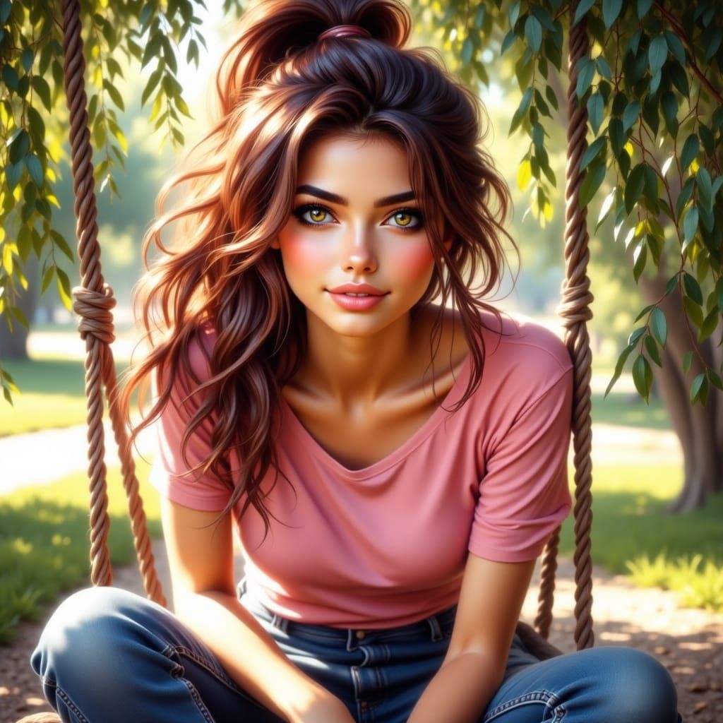 Anime Girl on Swing in Polychromatic 3D Rendering