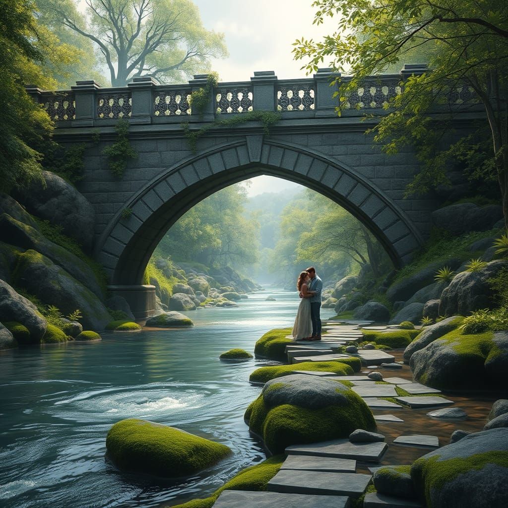 Lovers Embrace on Stone Bridge: Matte Painting