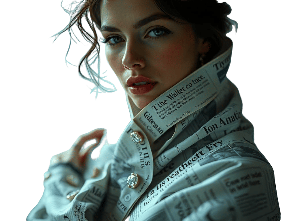 Haute Couture Woman in Newspaper Details with Sparkling Diam...