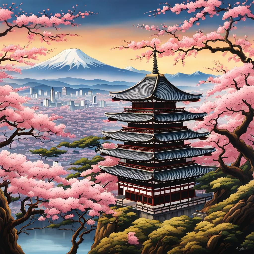 Japanese Castle Overlooking City with Cherry Blossoms