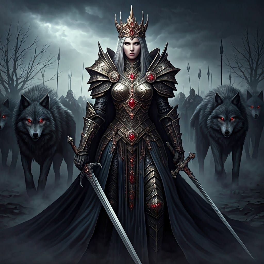 Mystical Queen Leading Wolf Army on Battlefield