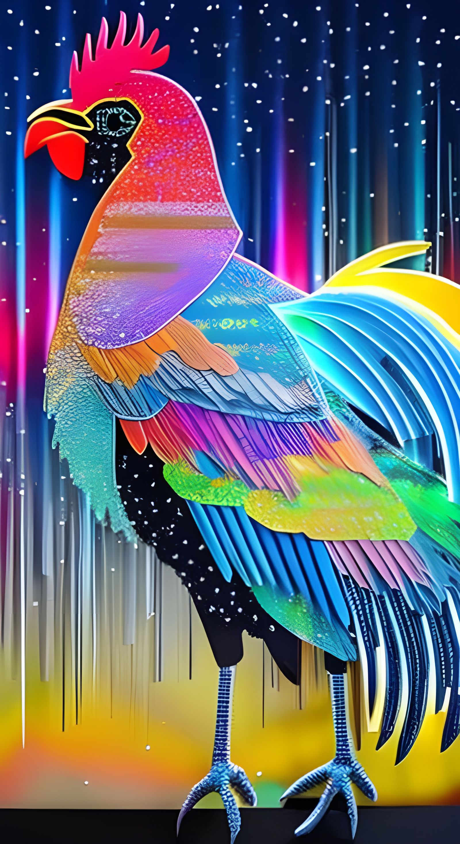 Iridescent Rooster with Aurora Circuit Board Sky
