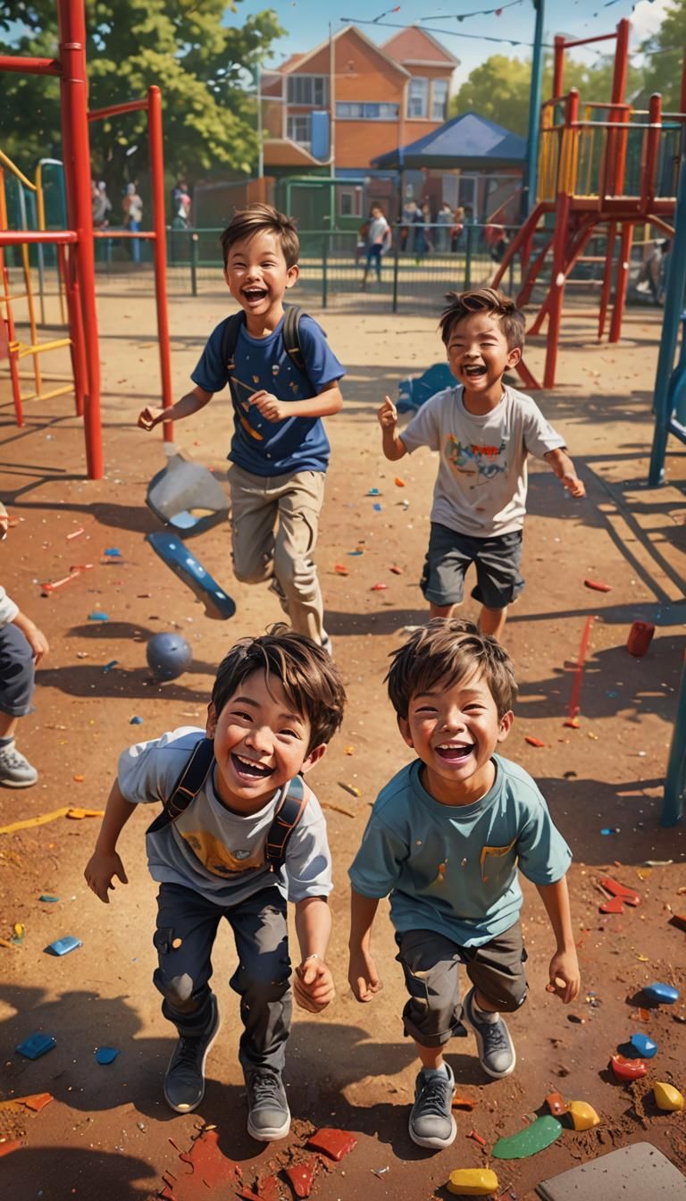 Boys on Playground in Hyperrealistic Splash Art